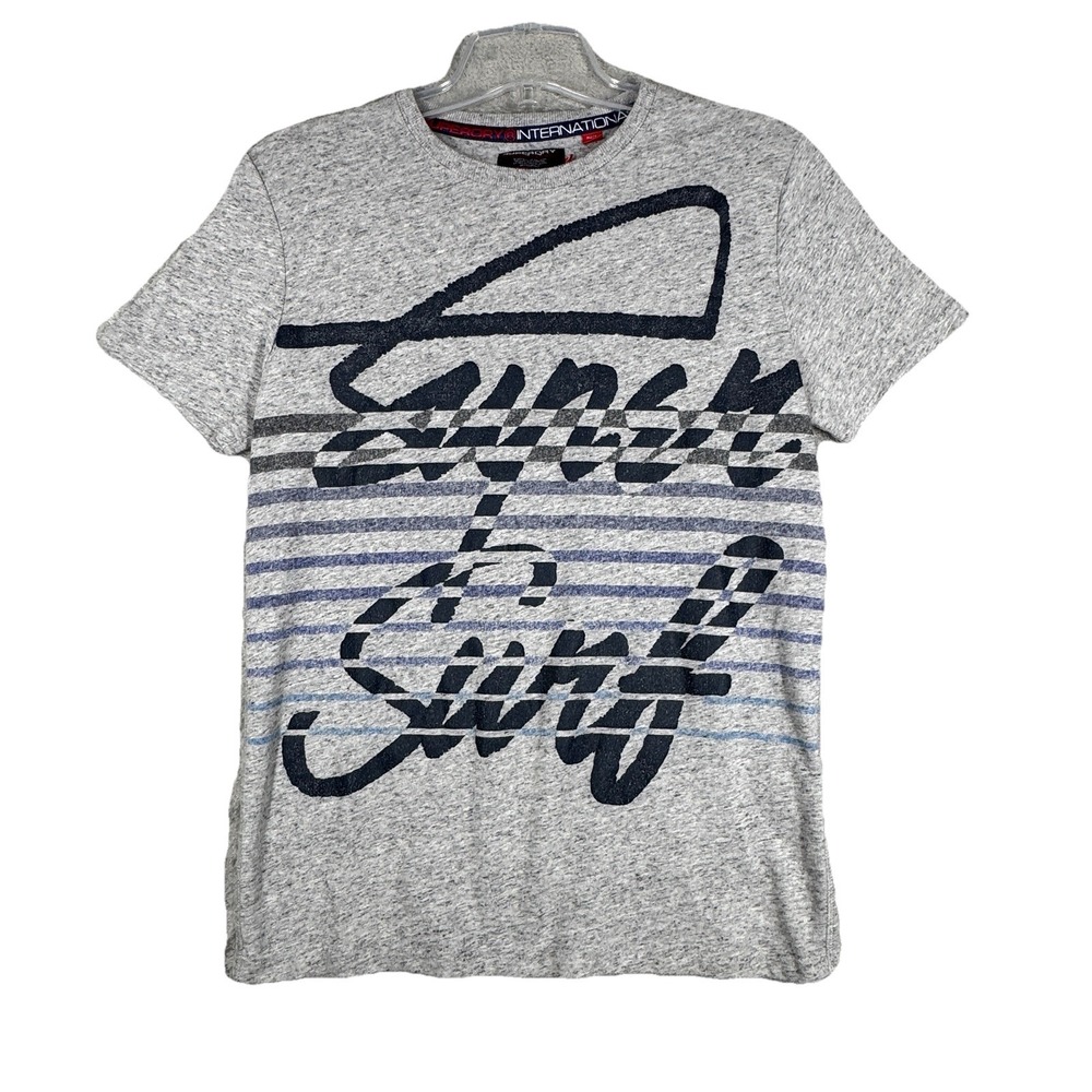 Superdry Shirt Mens Medium Gray Blue Stripe Super Surf Graphic Casual Streetwear